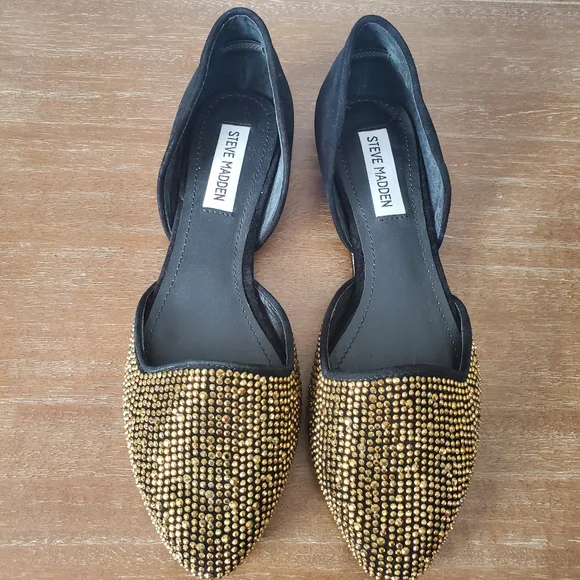 Steve Madden Vamp-G Women's 8 d'Orsay Flats Shoes Black Suede Gold Rhinestones - Picture 7 of 11